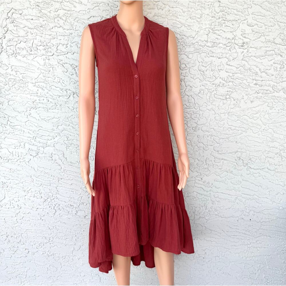 Drew Women's Rust Tiered High Low Midi Shirt Dress XS Cotton Gauze Button Front - Picture 3 of 12